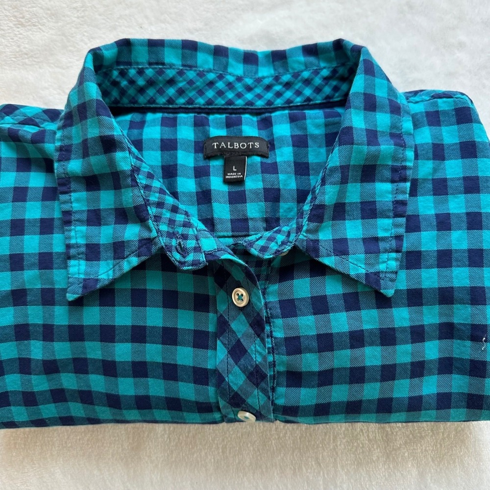 Talbots Womens Blue Navy Gingham Cotton Button Shirt Lg Preppy Coastal Grandma - Picture 3 of 10